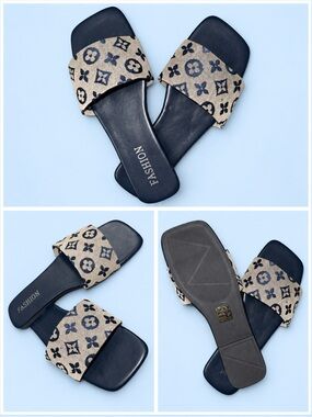 Navy Blue Fashion Inspired Monogram Slide Sandals